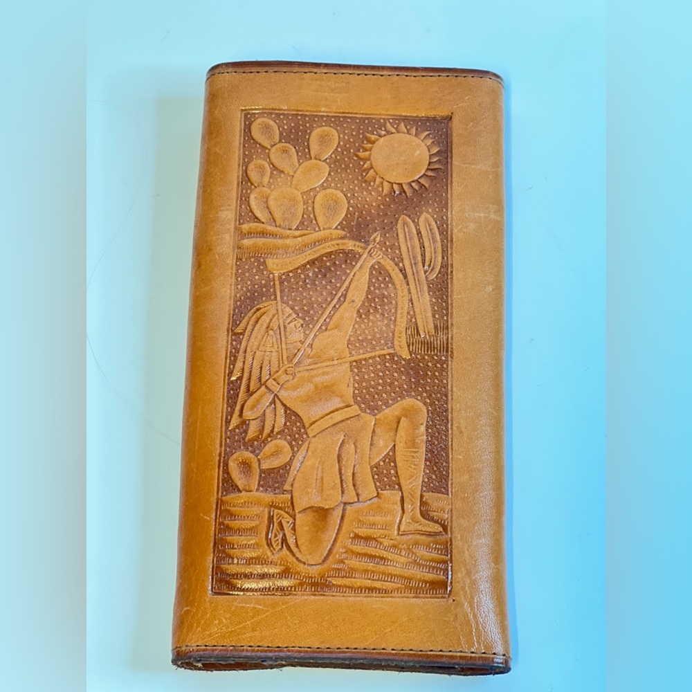 Vintage Mexican Tooled Leather Brown Wallet Clutch Trifold Aztec and Cactus
